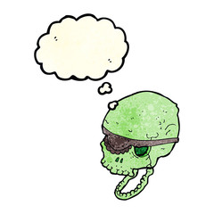 cartoon spooky skull with eye patch with thought bubble