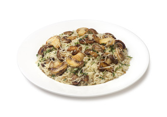 risotto with mushrooms on whit background