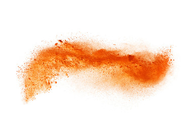 Freeze motion of orange dust explosion isolated on white backgro