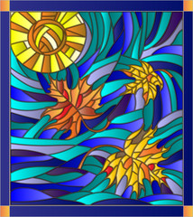 Naklejki  Vector illustration in stained glass style with maple leaves on background of sunny sky
