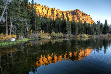 Sunrise at Twin Lakes, Mammoth, CA
Perfect October morning with clear skies, fall colors and the sun rising over the mountain, its reflection showing in the lake below