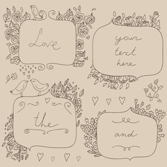 Vector romantic set of floral frames, with couple of birds and hearts.