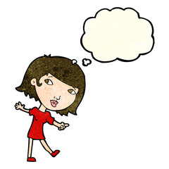 cartoon happy girl gesturing to follow with thought bubble
