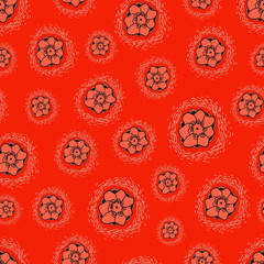 Flowers seamless texture on red background.