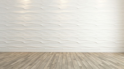 wave wall decoration with wooden floor rendering