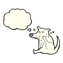 cartoon dog scratching with thought bubble