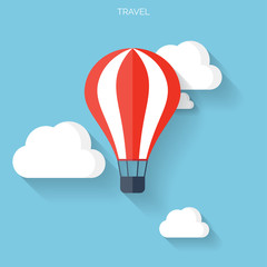 Flat air balloon with clouds web icon. 