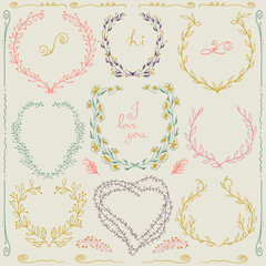 Set  of hand drawn floral frame and  lines border in retro style. Pastel backdrop. Illustration vector.