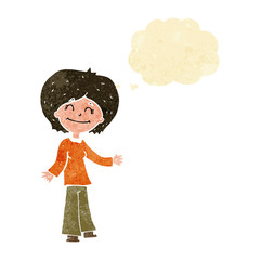 cartoon happy woman with thought bubble