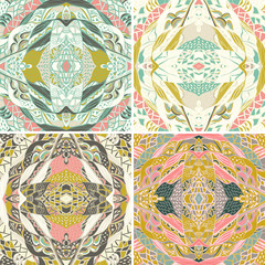 Set of raditional ornamental paisley bandanna. Hand drawn background with artistic pattern. Pastel colors.
