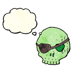 cartoon skull with eye patch with thought bubble