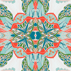 Traditional ornamental paisley bandanna. Hand drawn background with artistic pattern. Bright colors.