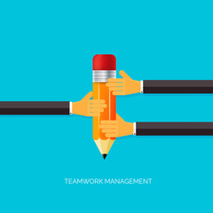 Flat pencil icon in hands. Teamwork management concept. Flat