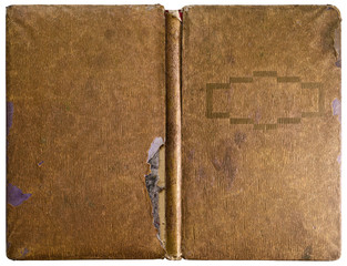 Naklejka premium Antique book or notebook - old used open brown paper cover with unusual golden frame in art deco style