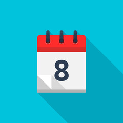 Flat calendar icon. Date and time background. Number 8