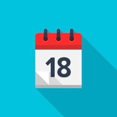 Flat calendar icon. Date and time background. Number 18
