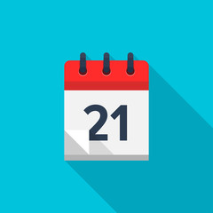 Flat calendar icon. Date and time background. Number 21