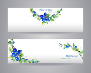 Banners with watercolor leaves and blueberry. Watercolor background. Hand drawn, Colorful header.