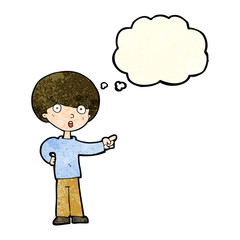 cartoon pointing boy with thought bubble