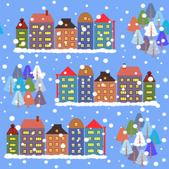 seamless pattern on winter theme depicts houses, trees, snowflak