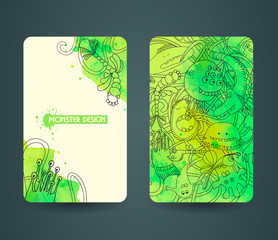 Business cards template with abstract monsters, doodles. Watercolor background. Hand drawn, Colorful header. Cartoon design. Outline illustration