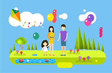 Happy family birthday holiday weekend summer time background with balloons