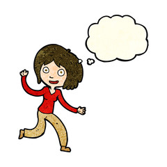 cartoon happy waving girl with thought bubble