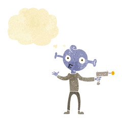 cartoon alien with ray gun with thought bubble