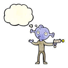 cartoon alien with ray gun with thought bubble