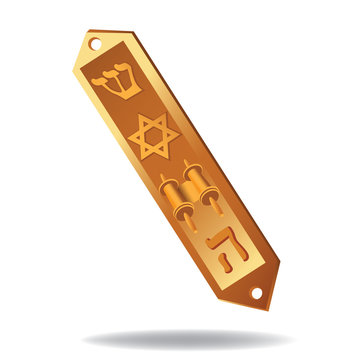 Golden Mezuzah case with hebrew letters and star of David.  Traditional Jewish religious item. EPS 10 vector illustration.