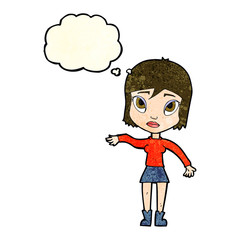 cartoon woman waving hand with thought bubble