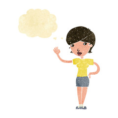 cartoon woman waving with thought bubble