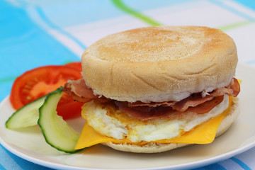 Egg and bacon muffin, closeup
