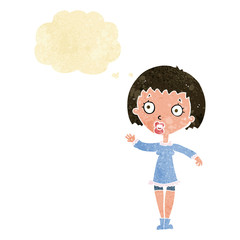 cartoon waving woman with thought bubble