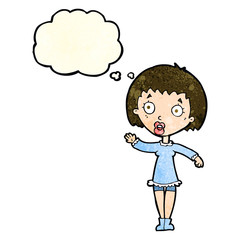 cartoon waving woman with thought bubble