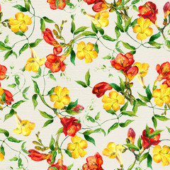 Plakat Yellow and red flowers pattern watercolor. Freesia, bindweed