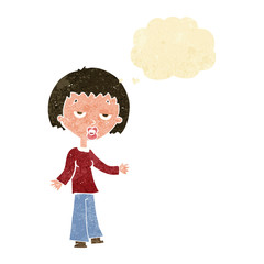 cartoon tired woman with thought bubble
