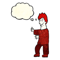 cartoon vampire waving hands with thought bubble