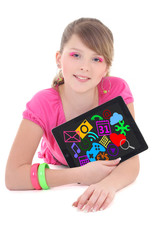 teenage girl holding tablet pc with multimedia icons isolated ov