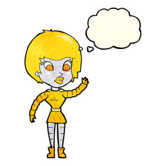 cartoon robot woman waving with thought bubble