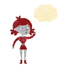 cartoon robot woman waving with thought bubble