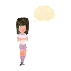 cartoon girl with crossed arms with thought bubble