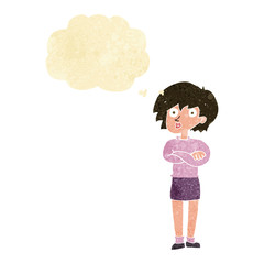 cartoon woman wit crossed arms with thought bubble