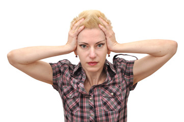 Surprised and shocked blonde short hair woman with pixie cut holding her head in hands. Isolated on white