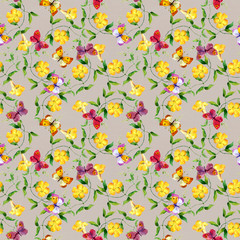 Yellow flower and butterfly. Seamless floral print. Watercolour