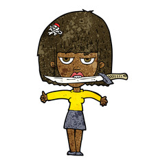 cartoon woman with knife between teeth