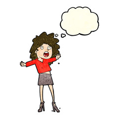 cartoon woman having trouble walking in heels with thought bubbl
