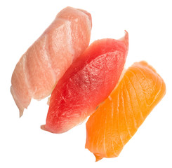 Japanese otoro sushi, red tuna sushi and salmon sushi over white background