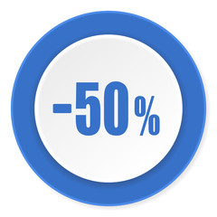50 percent sale retail blue circle 3d modern design flat icon on white background