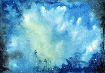Abstract space watercolor background with starry sky and gas clouds